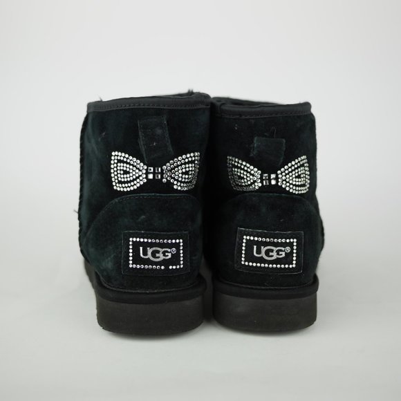 UGG Australia Women's 7 Black Leather Boots Short Ankle Fleece Crystal Studded - Picture 3 of 11